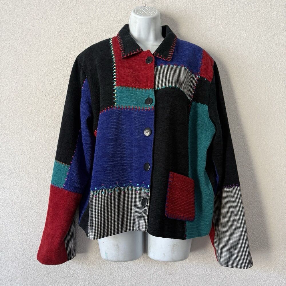 VTG 90s Koret Patchwork Jacket Women’s L Multicolor Gingham Corduroy Boho Coat